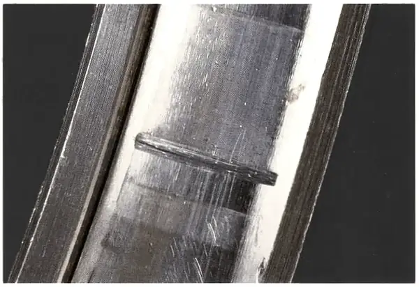Magnified view: the original grinding marks are worn away where the roller vibrated against the raceway.